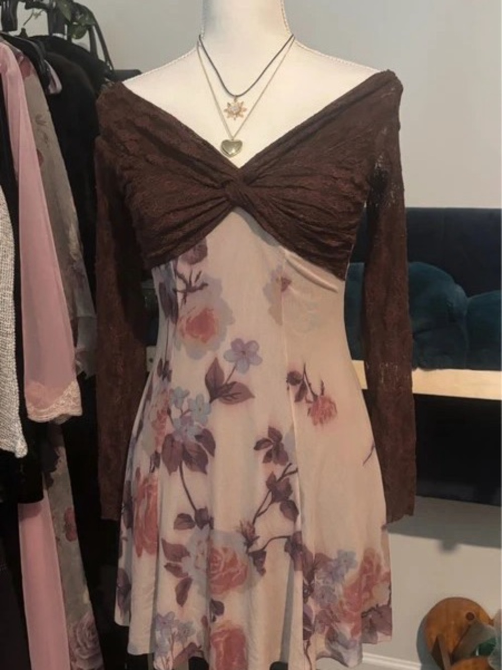 Floral Cream Maxi Slip Dress with Brown Lace Overlay
